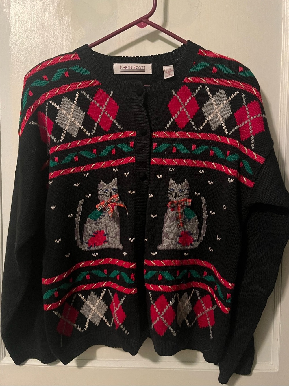 Vintage Karen Scott Black Holiday Cat Argyle Cardigan with Red and Green Accents
